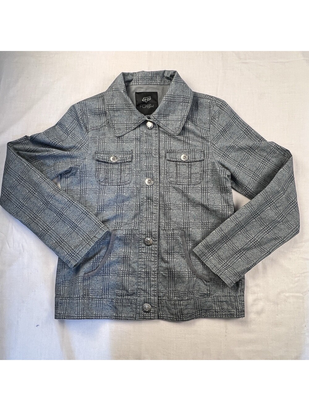 Y2K Fox Plaid Moto Jacket Women’s L Snap Front Racing Skater Emo Indie